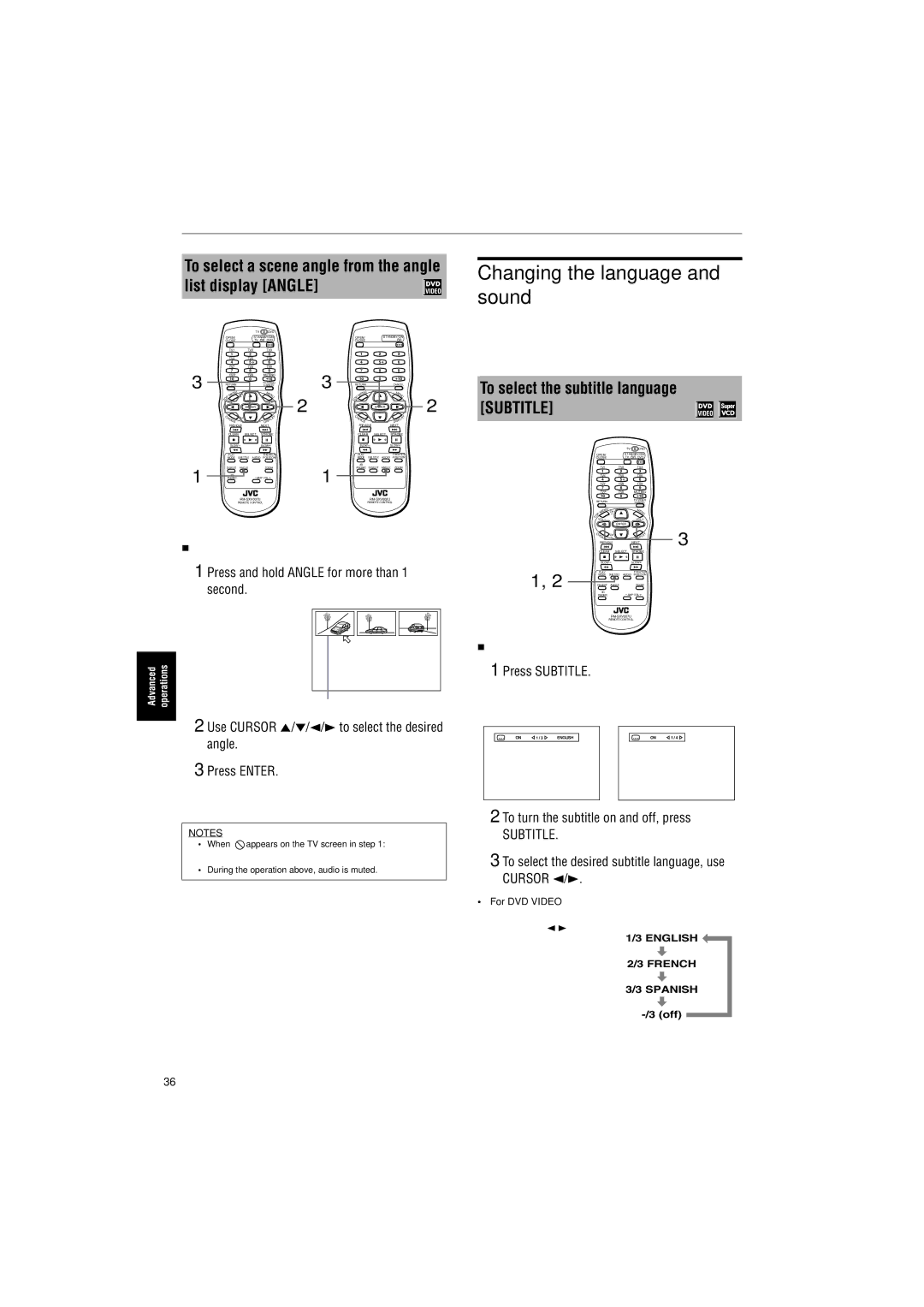 JVC GNT0013-014A manual To select a scene angle from the angle list display Angle, Press Subtitle, For DVD Video 