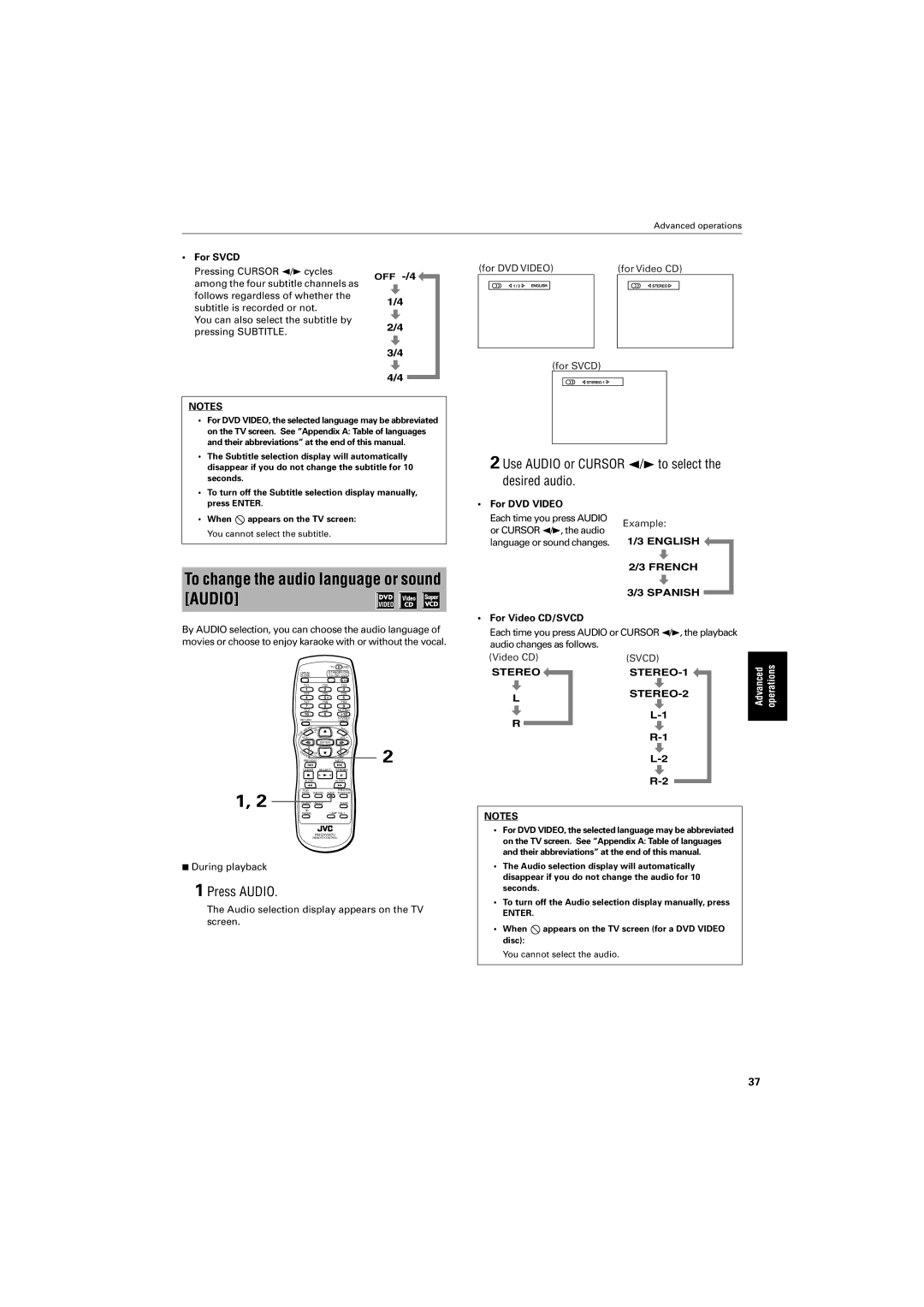 JVC GNT0013-014A manual To change the audio language or sound Audio, Press Audio 