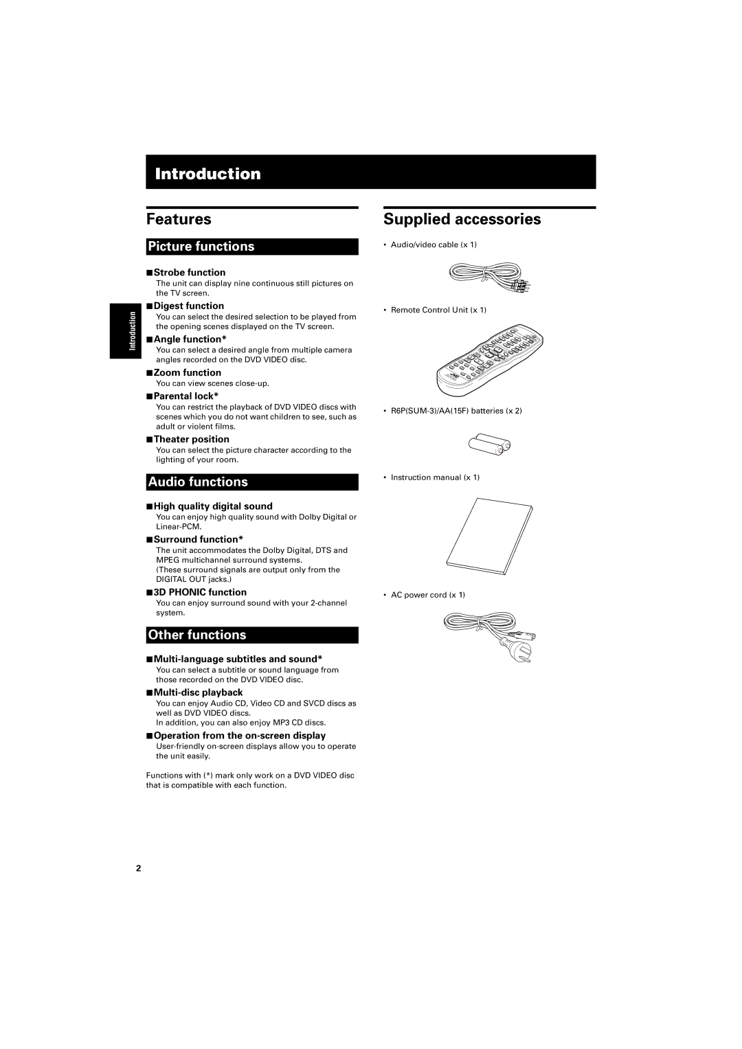 JVC GNT0013-014A manual Introduction, Features, Supplied accessories 