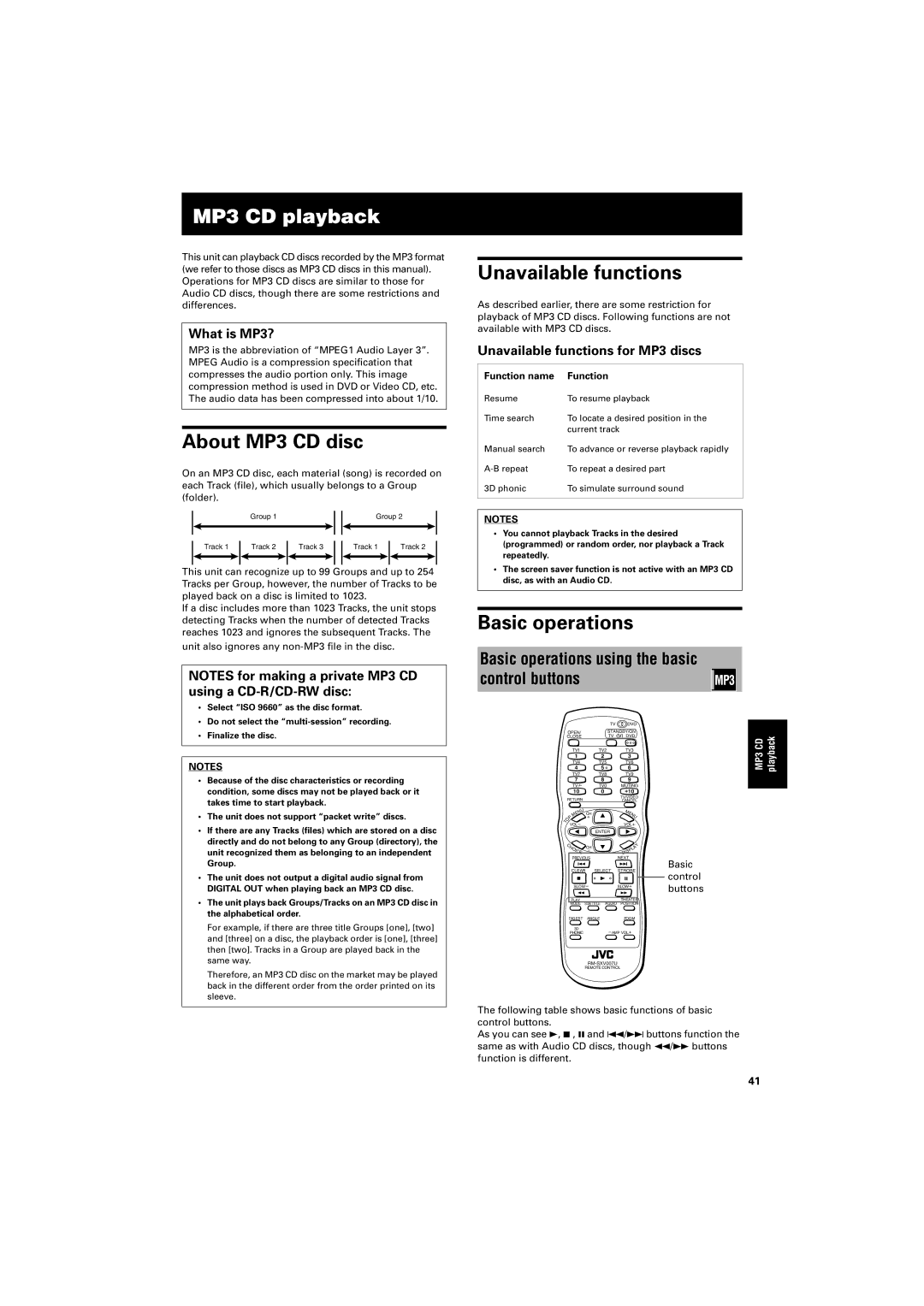 JVC GNT0013-014A manual MP3 CD playback, About MP3 CD disc, Unavailable functions, Basic operations 