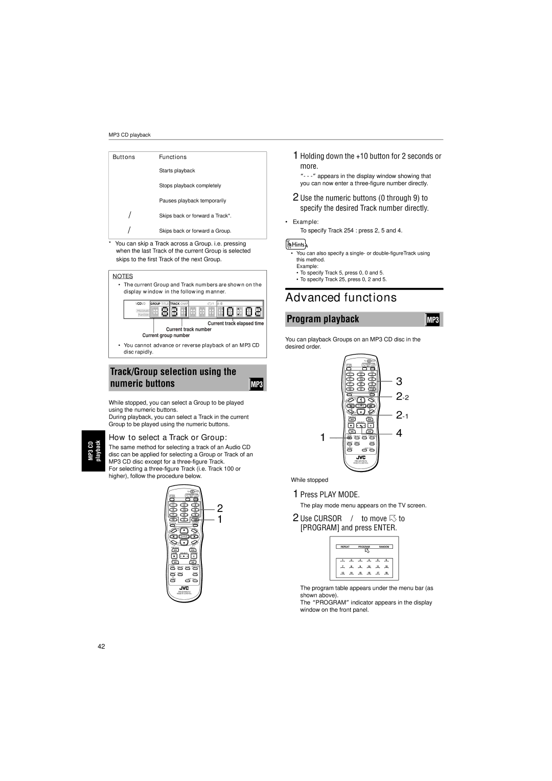 JVC GNT0013-014A manual Advanced functions, Track/Group selection using the numeric buttons, Program playback 