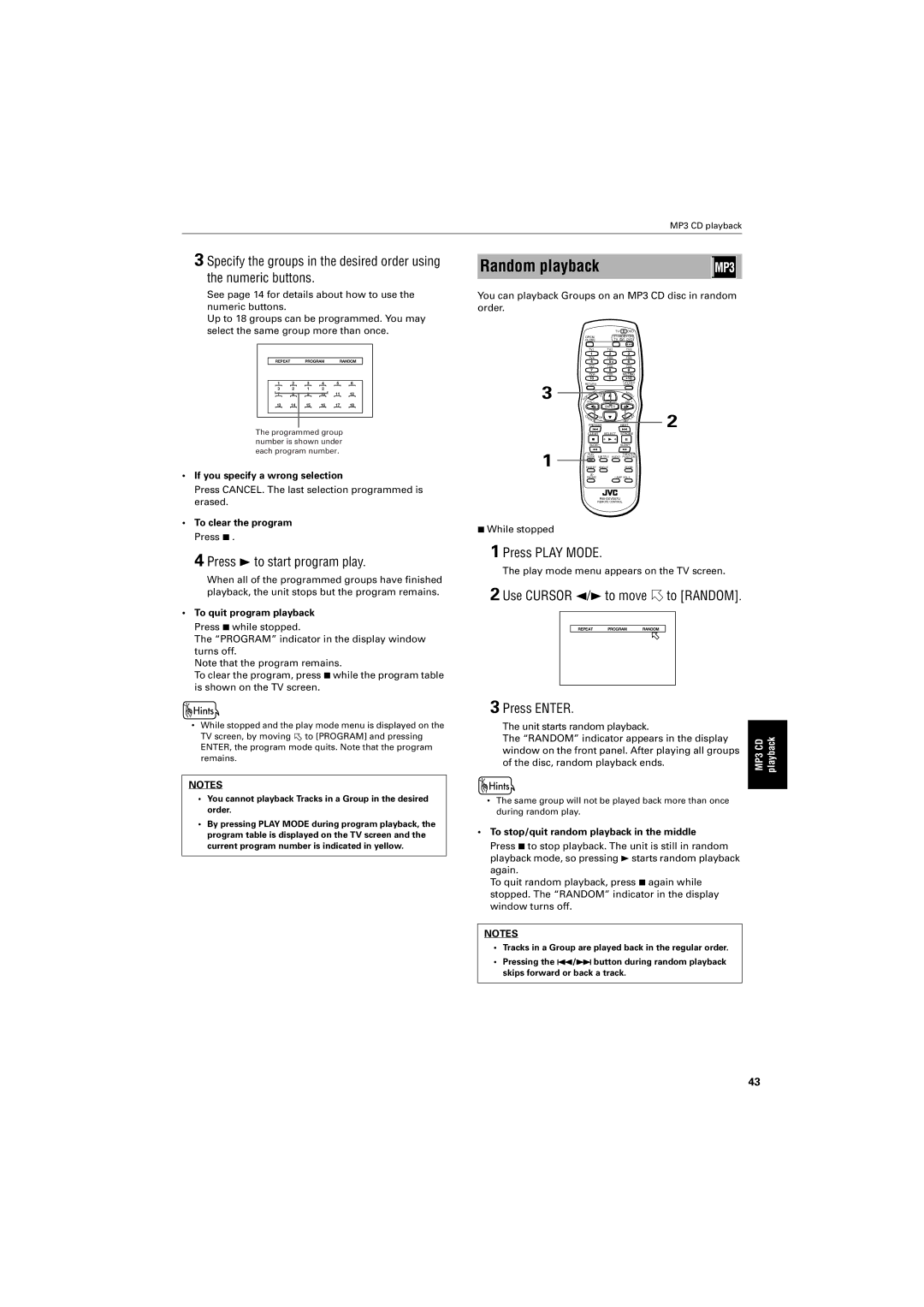 JVC GNT0013-014A Random playback, You can playback Groups on an MP3 CD disc in random order, Disc, random playback ends 
