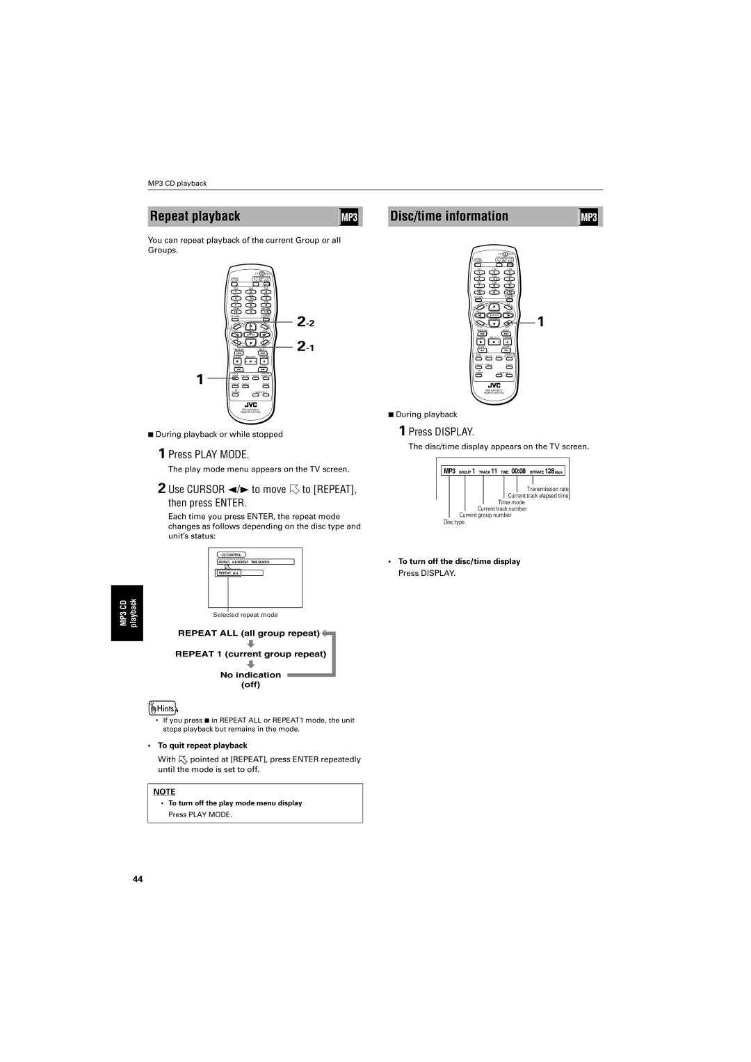 JVC GNT0013-014A manual Repeat playback, Disc/time information, You can repeat playback of the current Group or all Groups 