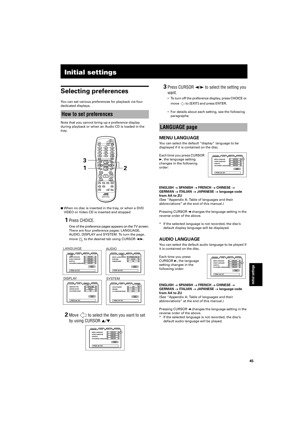 JVC GNT0013-014A manual Initial settings, Selecting preferences, How to set preferences, Language 