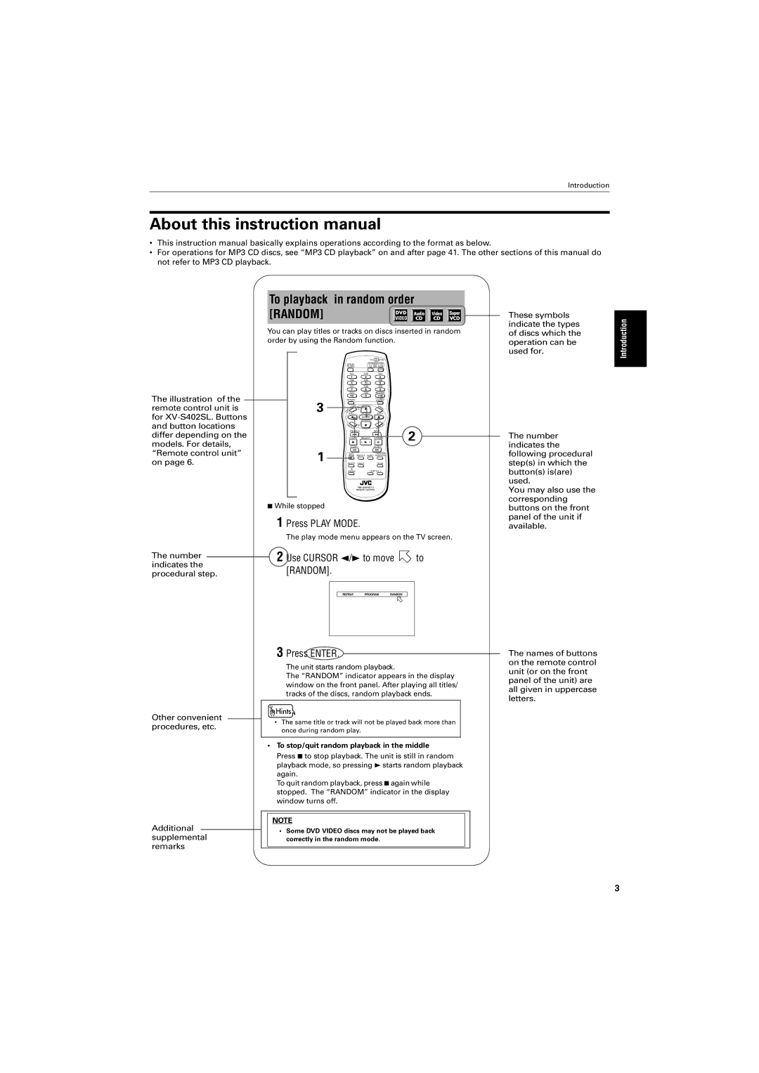 JVC GNT0013-014A manual To playback in random order Random, To stop/quit random playback in the middle 