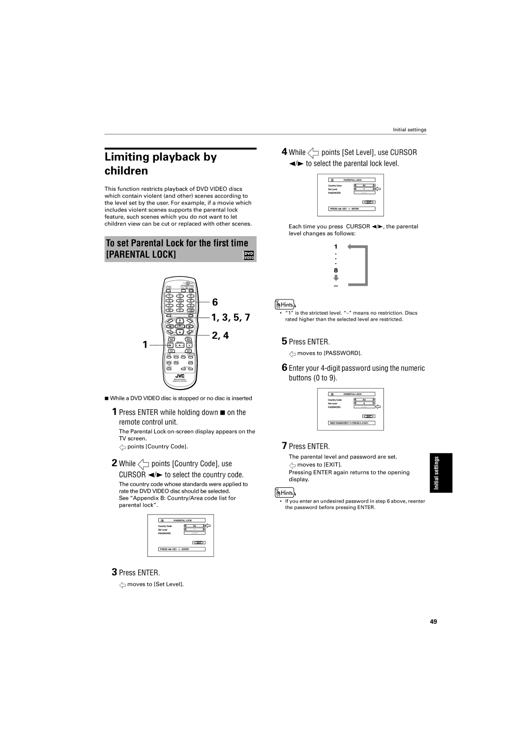 JVC GNT0013-014A manual Limiting playback by children, To set Parental Lock for the first time 