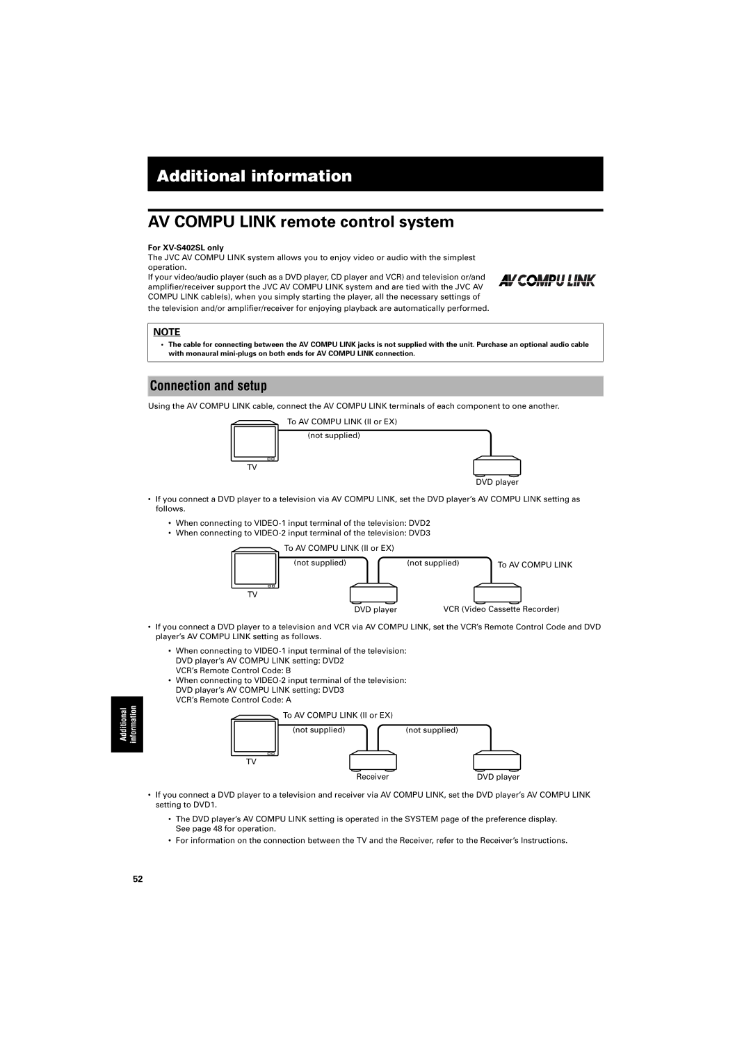 JVC GNT0013-014A Additional information, AV Compu Link remote control system, Connection and setup, For XV-S402SL only 