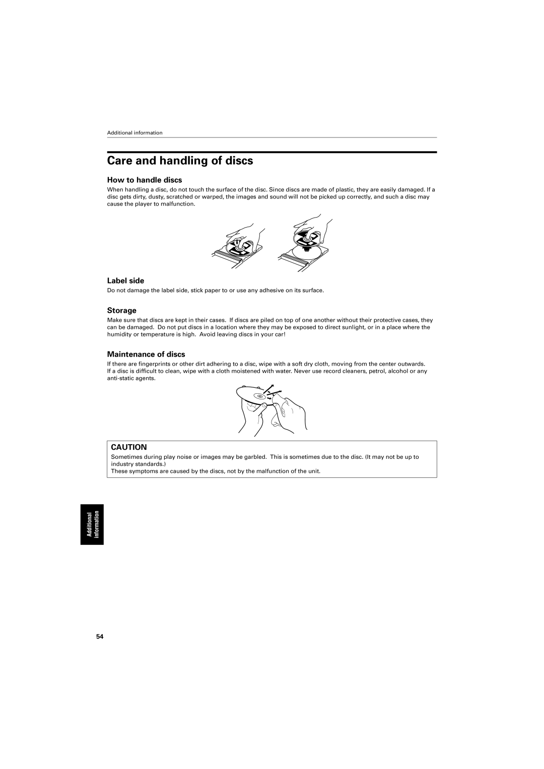 JVC GNT0013-014A manual Care and handling of discs, How to handle discs, Label side, Storage, Maintenance of discs 