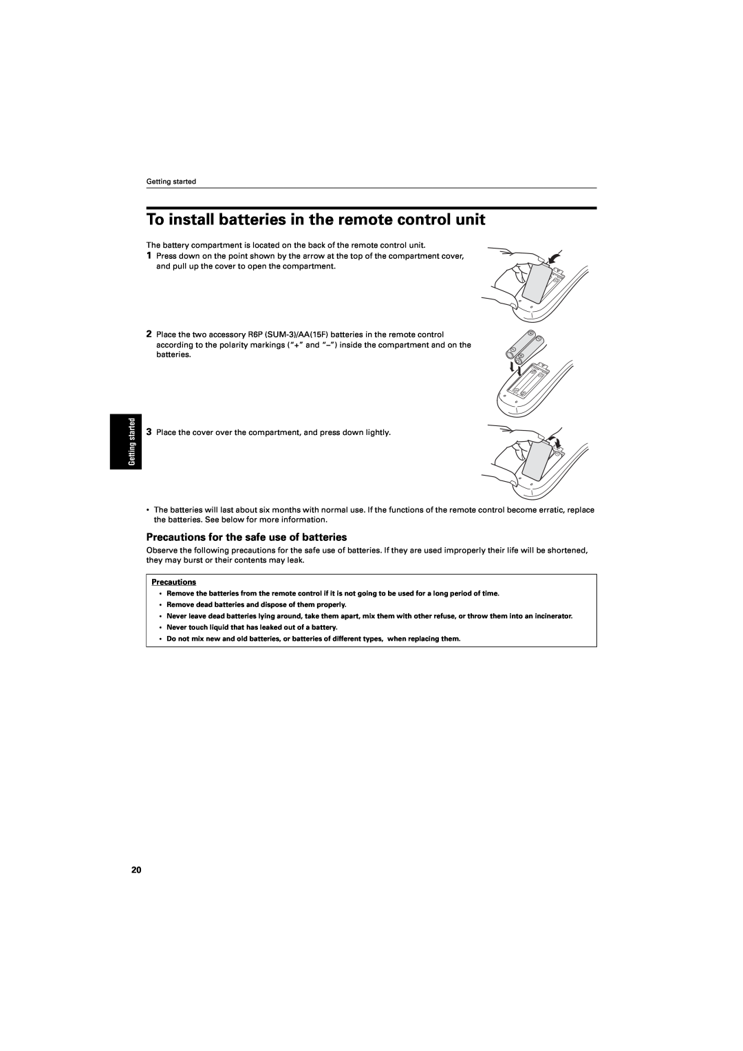 JVC GNT0013-014A manual To install batteries in the remote control unit, Precautions for the safe use of batteries 
