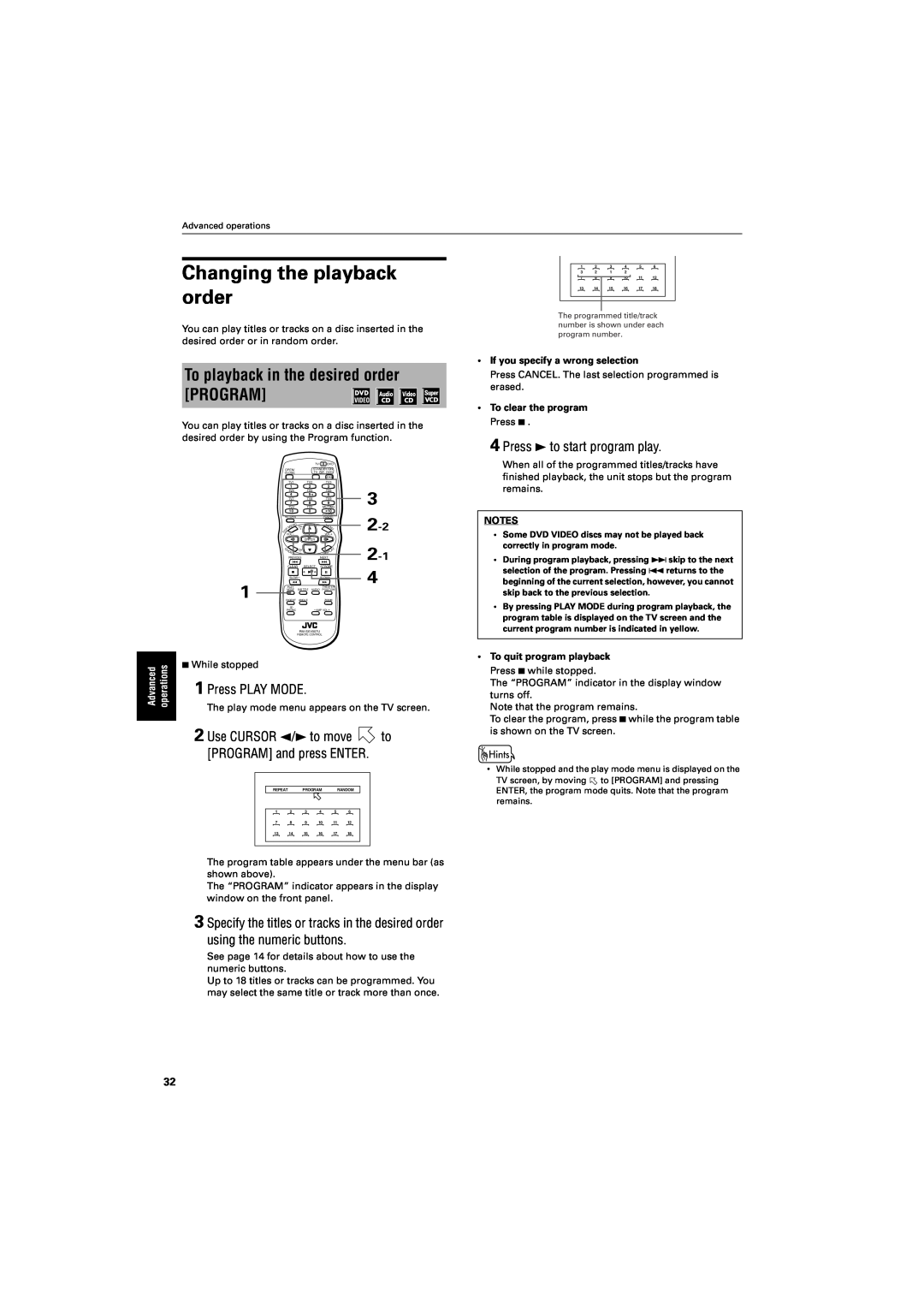 JVC GNT0013-014A Changing the playback order, To playback in the desired order PROGRAM, Press 3 to start program play 
