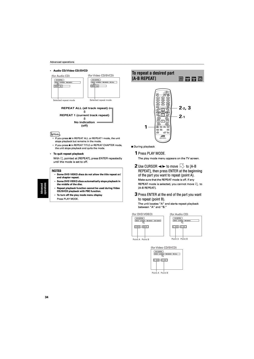 JVC GNT0013-014A manual To repeat a desired part A-B REPEAT, 2 -2, Press PLAY MODE, Audio CD/Video CD/SVCD, for Audio CD 