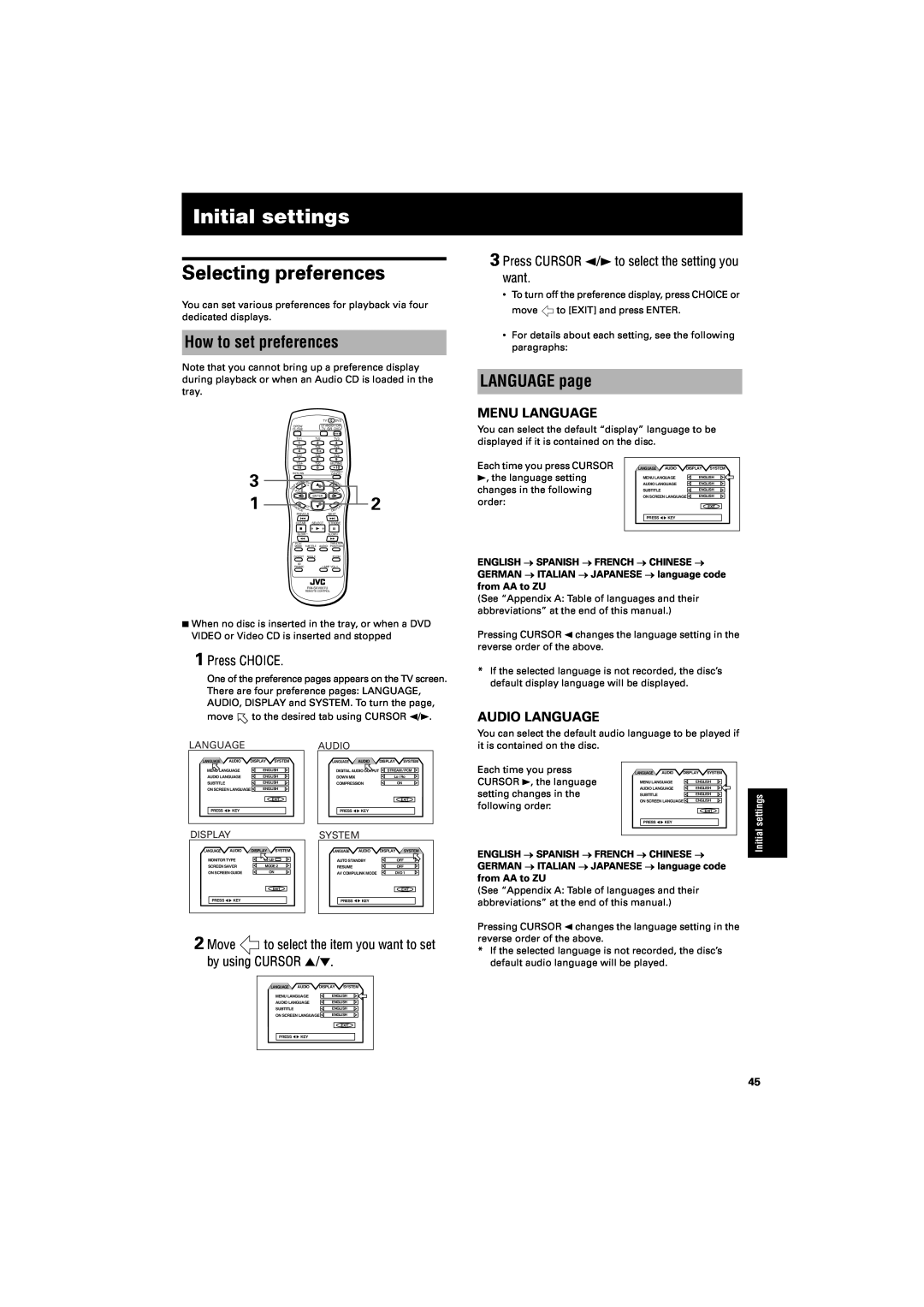 JVC GNT0013-014A Initial settings, Selecting preferences, How to set preferences, LANGUAGE page, Menu Language, order 