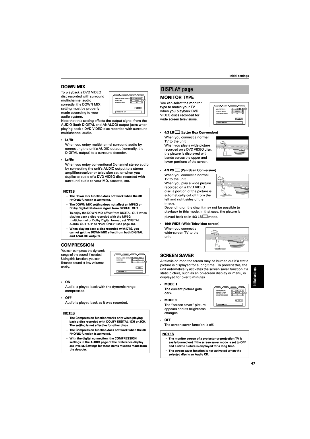 JVC GNT0013-014A DISPLAY page, Down Mix, Monitor Type, Compression, Screen Saver, Lt/Rt, L0/R0, LB Letter Box Conversion 
