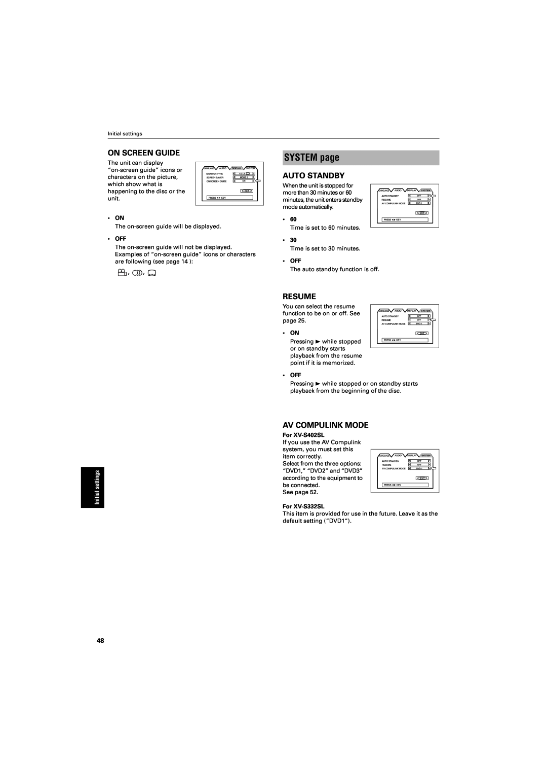 JVC GNT0013-014A SYSTEM page, On Screen Guide, Auto Standby, Resume, Av Compulink Mode, Initial settings, For XV-S402SL 
