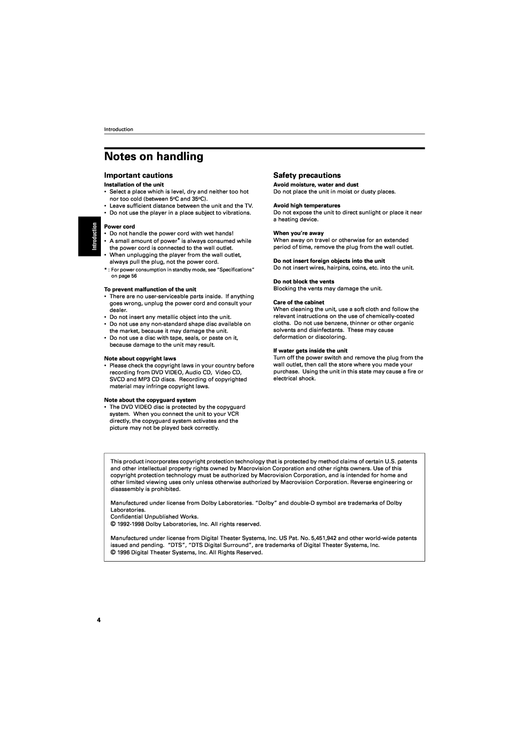 JVC GNT0013-014A manual Notes on handling, Important cautions, Safety precautions, Introduction, Installation of the unit 