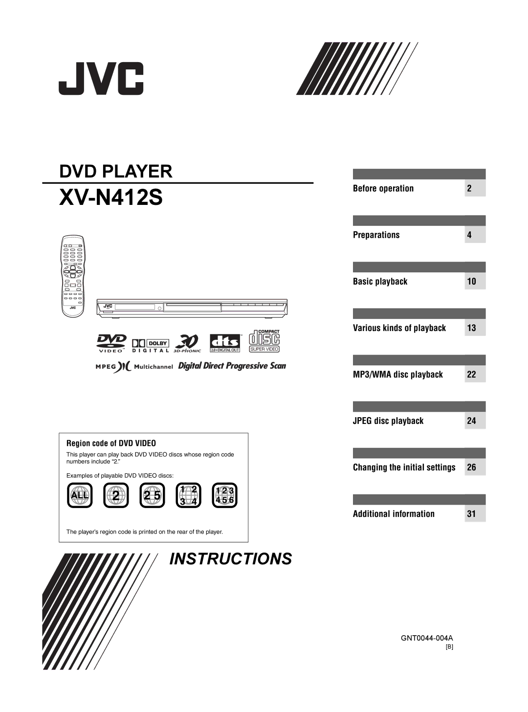 JVC 0204KTYBICJSC, GNT0044-004A manual Region code of DVD Video, Changing the initial settings 