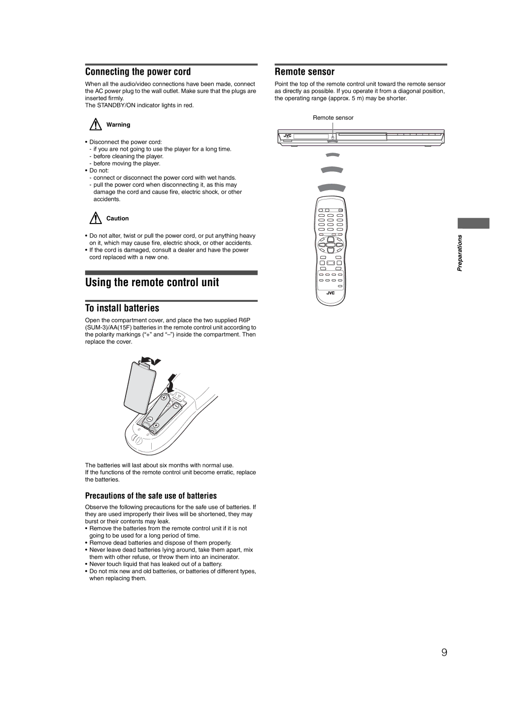 JVC 0204KTYBICJSC manual Using the remote control unit, Connecting the power cord, To install batteries, Remote sensor 