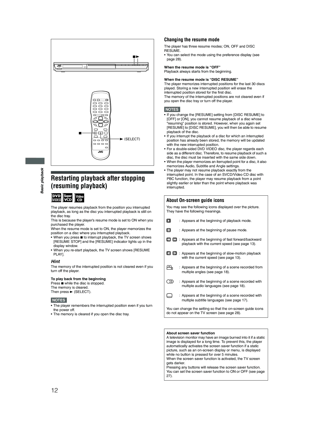 JVC GNT0044-004A, 0204KTYBICJSC manual Restarting playback after stopping resuming playback, Changing the resume mode 