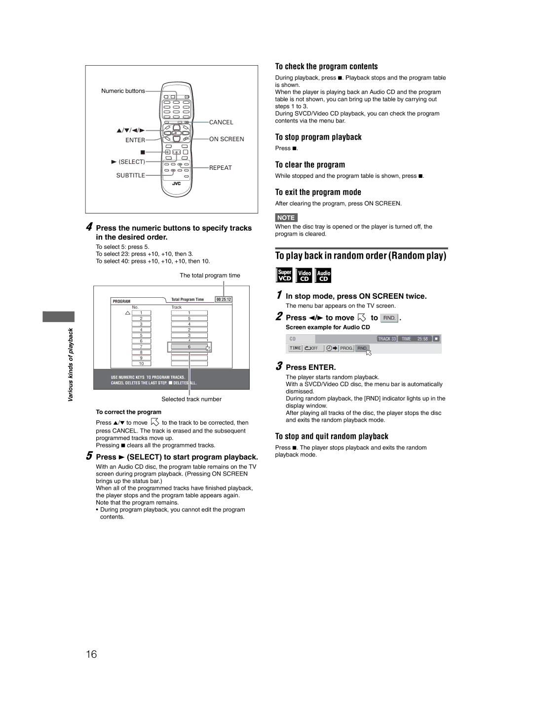 JVC GNT0044-004A, 0204KTYBICJSC To play back in random order Random play, To stop program playback, To clear the program 