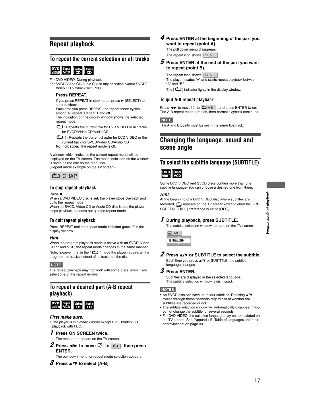 JVC 0204KTYBICJSC Repeat playback, Changing the language, sound and scene angle, To select the subtitle language Subtitle 