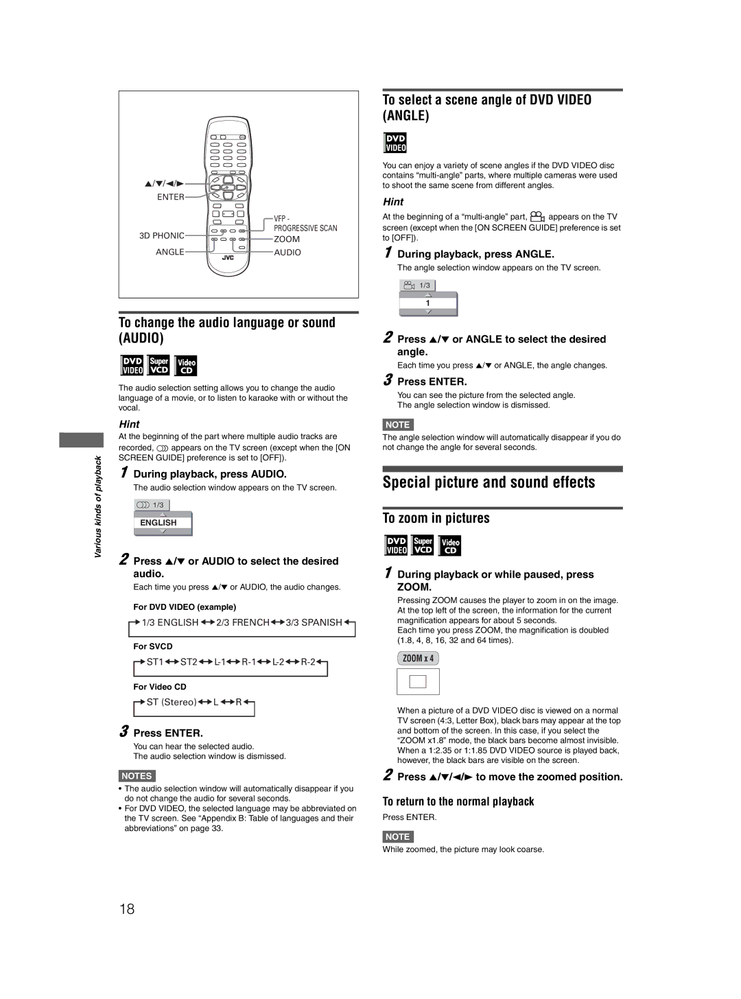 JVC GNT0044-004A manual Special picture and sound effects, To change the audio language or sound Audio, To zoom in pictures 