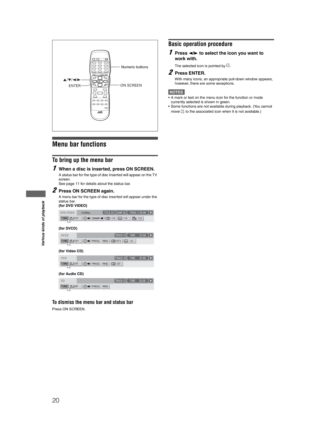 JVC GNT0044-004A, 0204KTYBICJSC manual Menu bar functions, Basic operation procedure, To bring up the menu bar 