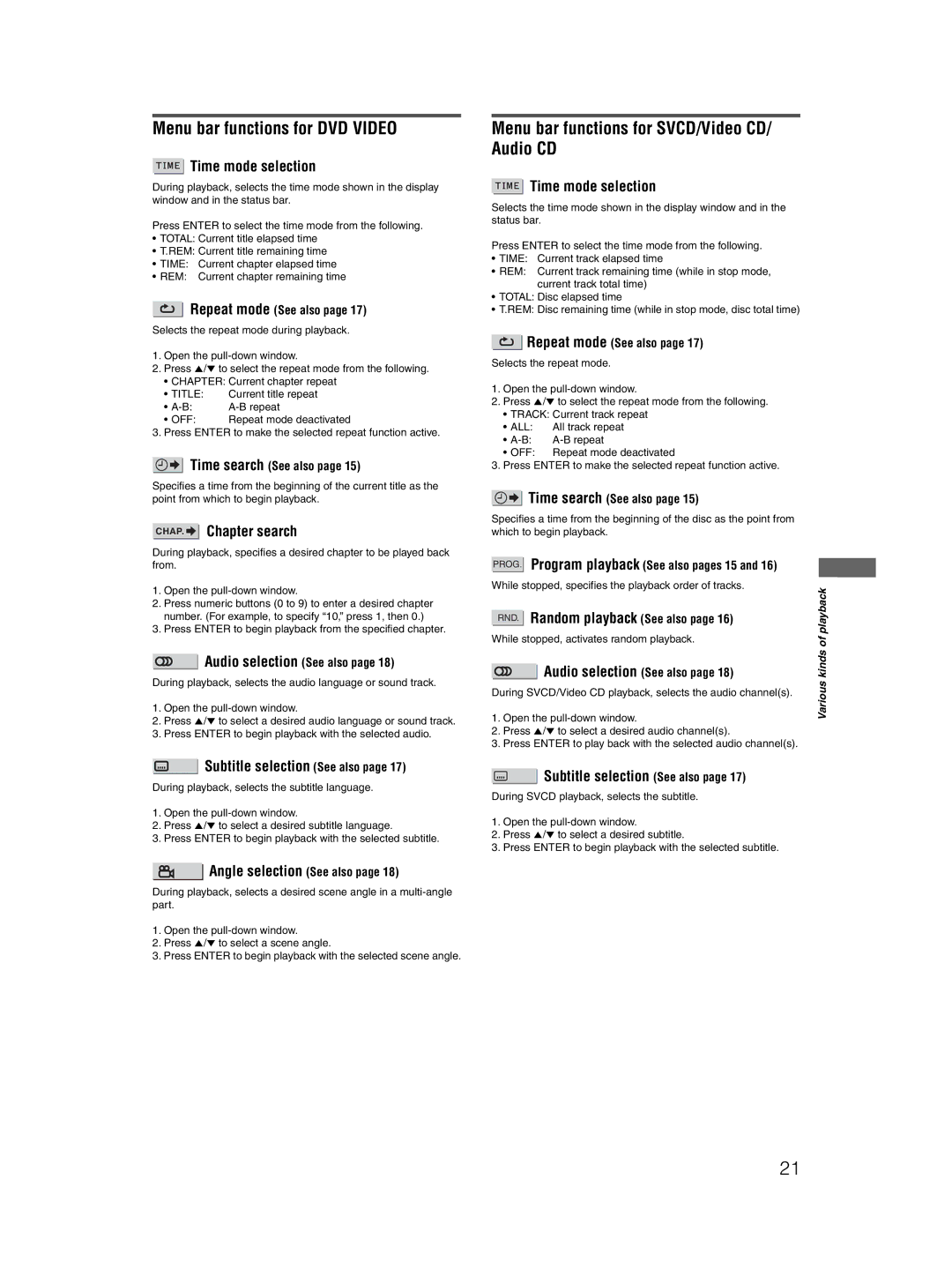 JVC 0204KTYBICJSC Menu bar functions for DVD Video, Menu bar functions for SVCD/Video CD/ Audio CD, Time mode selection 