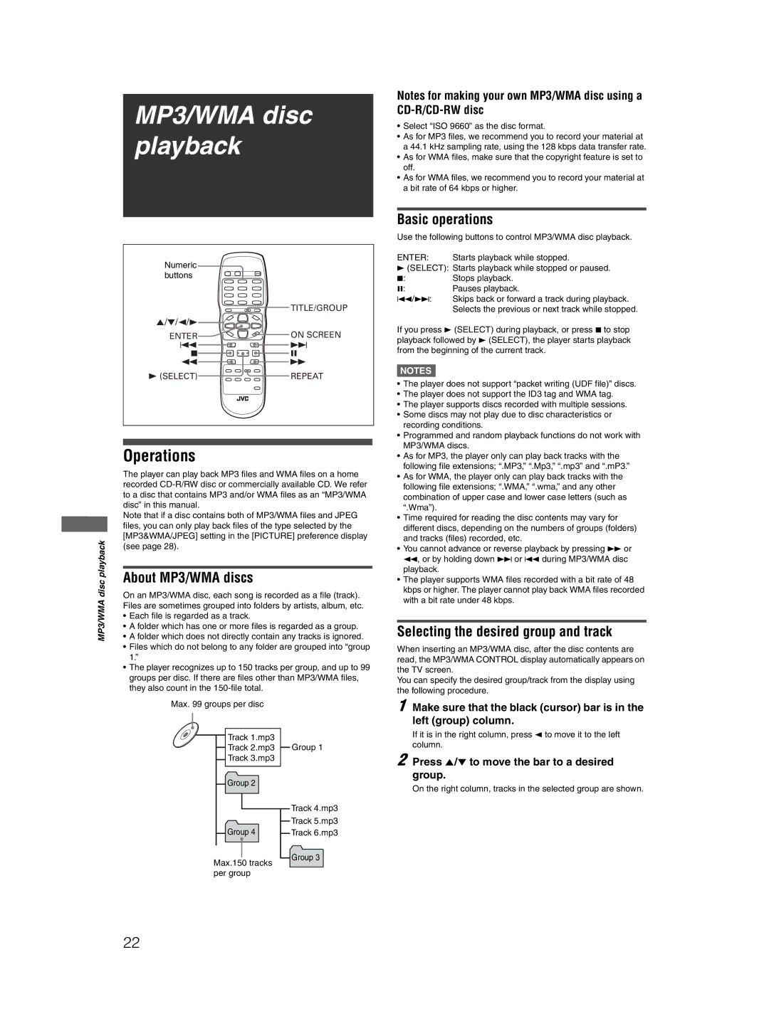 JVC GNT0044-004A, 0204KTYBICJSC manual MP3/WMA disc playback, Operations, About MP3/WMA discs, Basic operations 