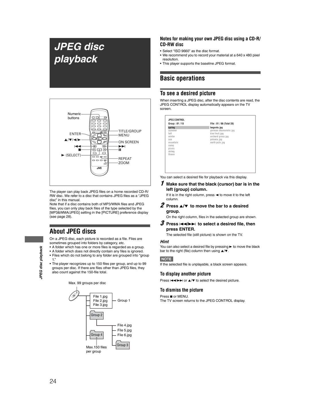 JVC GNT0044-004A, 0204KTYBICJSC manual Jpeg disc playback, About Jpeg discs, Basic operations, To see a desired picture 