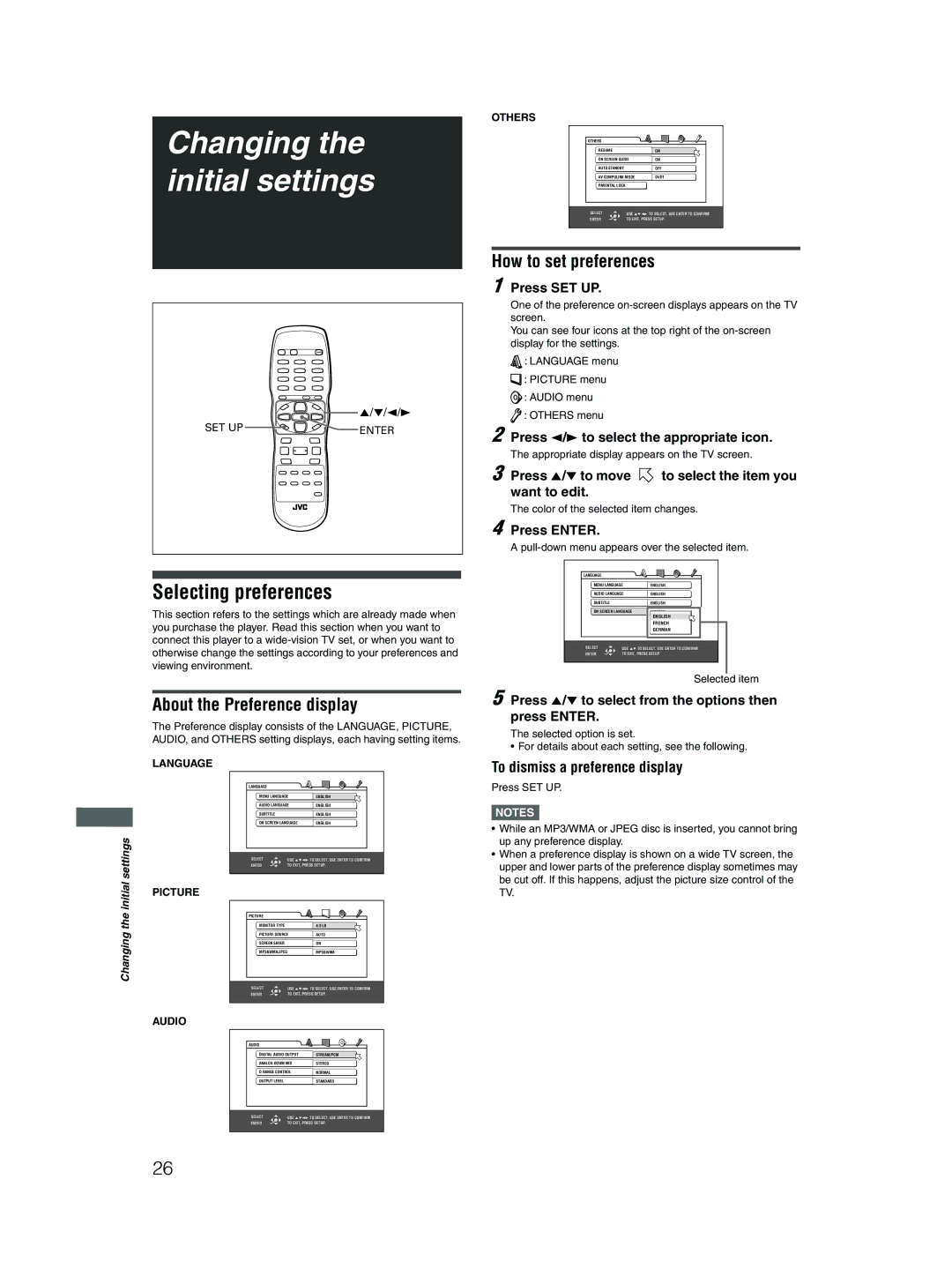 JVC GNT0044-004A, 0204KTYBICJSC manual Changing the initial settings, Selecting preferences, About the Preference display 