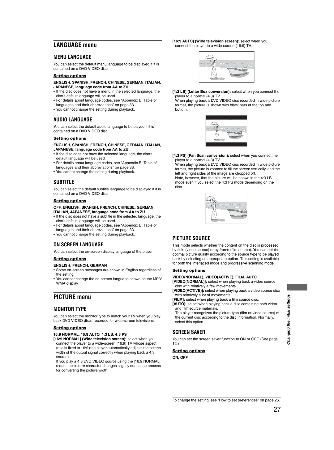 JVC 0204KTYBICJSC, GNT0044-004A manual Language menu, Picture menu, ENGLISH, FRENCH, German, On, Off 