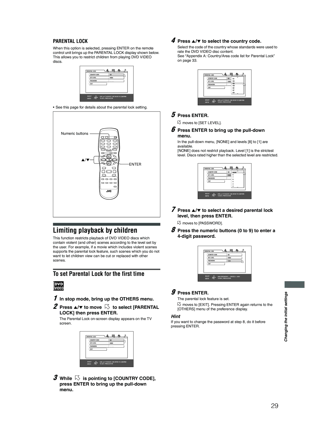 JVC 0204KTYBICJSC, GNT0044-004A manual Limiting playback by children, To set Parental Lock for the first time 