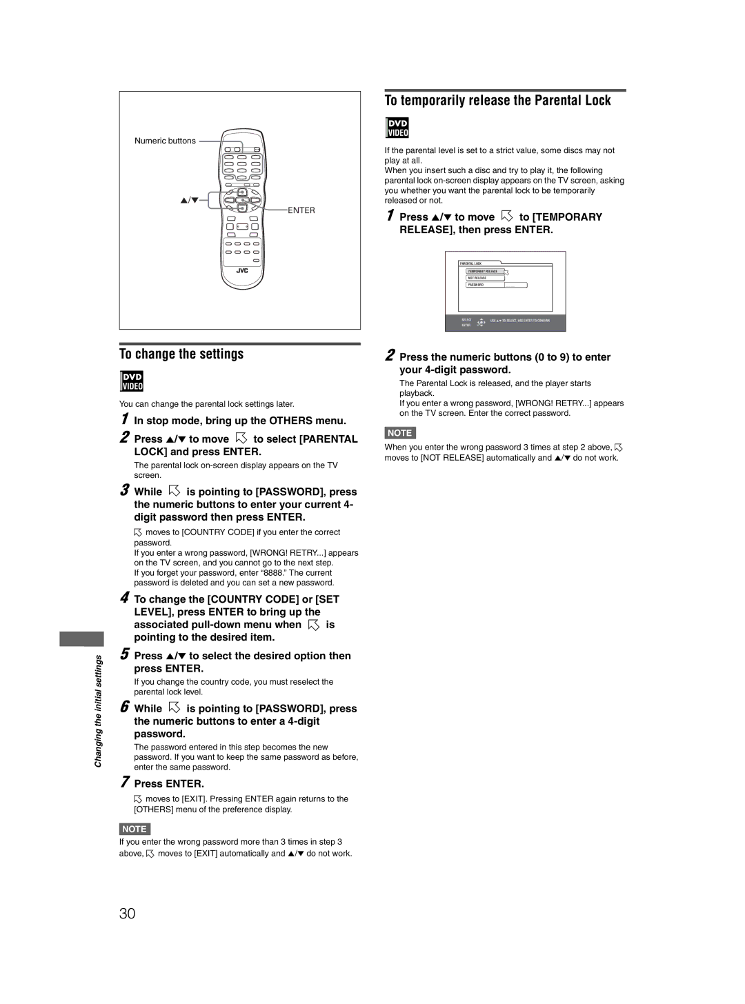 JVC GNT0044-004A, 0204KTYBICJSC manual To change the settings, To temporarily release the Parental Lock 