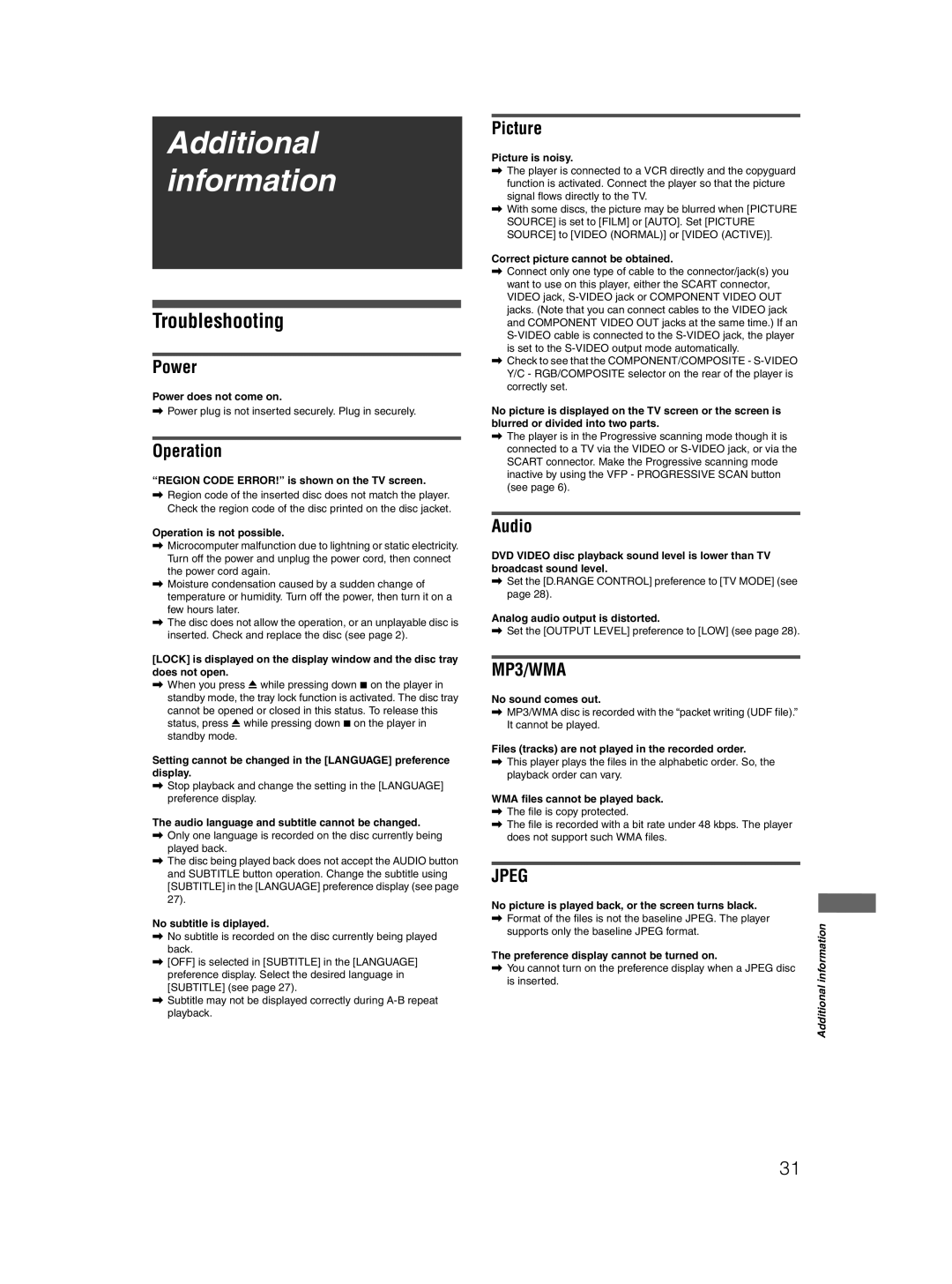 JVC 0204KTYBICJSC, GNT0044-004A manual Additional information, Troubleshooting 