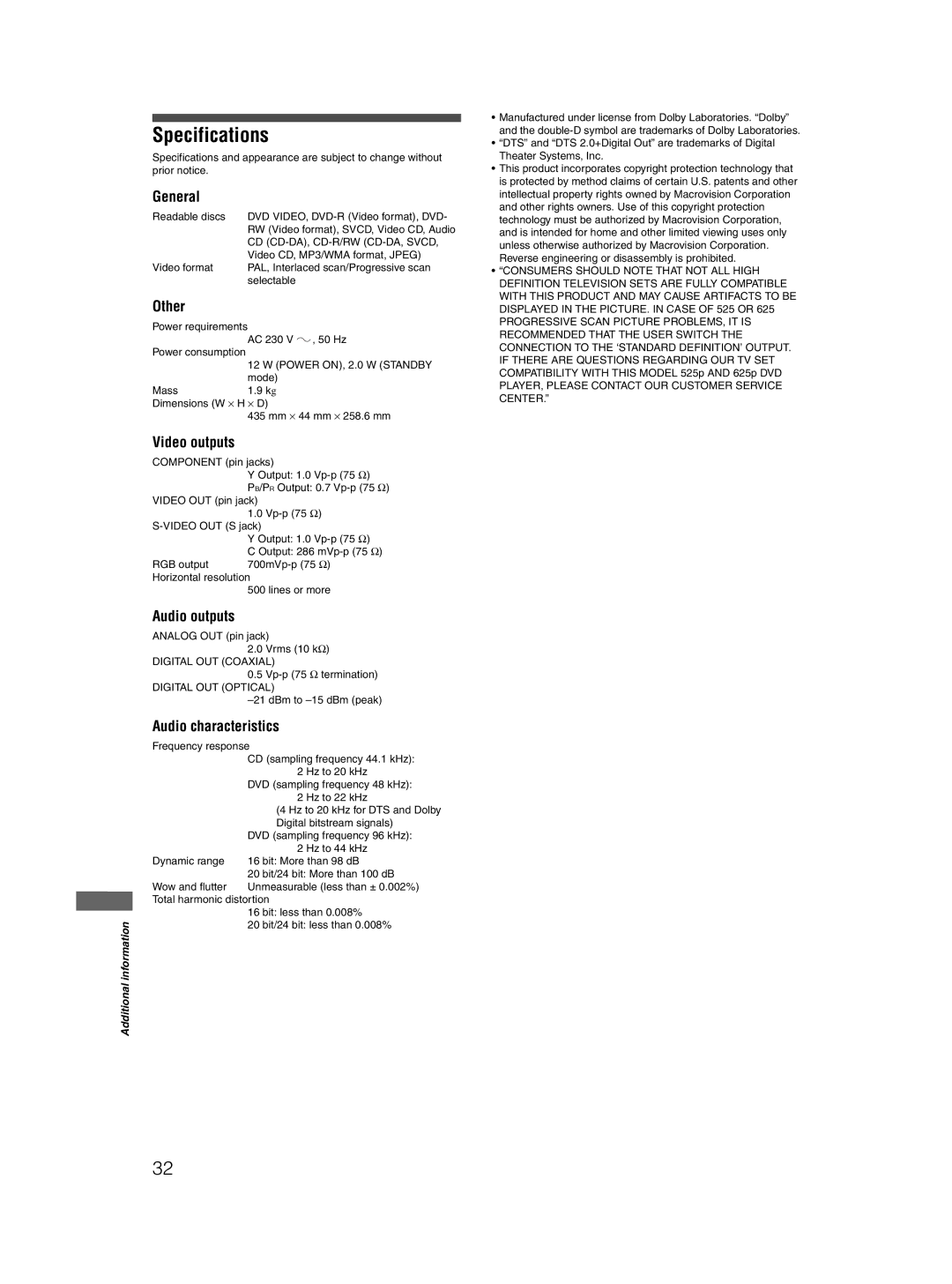 JVC GNT0044-004A, 0204KTYBICJSC manual Specifications 