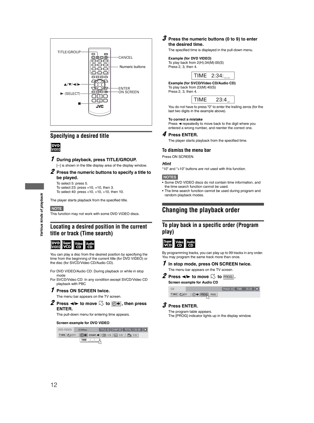 JVC GNT0052-001A, 0204STYBICJSC manual Changing the playback order, Specifying a desired title, Title or track Time search 