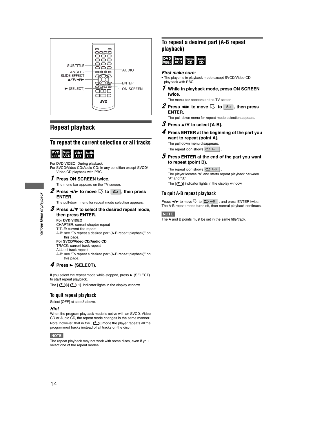 JVC GNT0052-001A, 0204STYBICJSC Repeat playback, To quit repeat playback, To repeat a desired part A-B repeat playback 