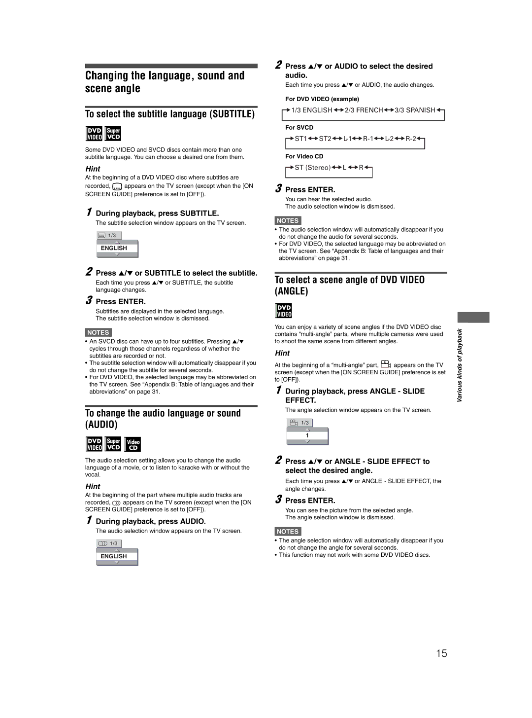 JVC 0204STYBICJSC, GNT0052-001A Changing the language, sound and scene angle, To select the subtitle language Subtitle 