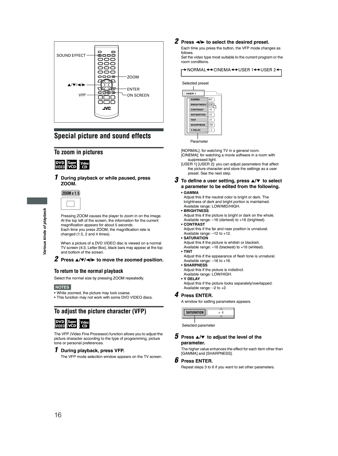 JVC GNT0052-001A manual Special picture and sound effects, To zoom in pictures, To adjust the picture character VFP 