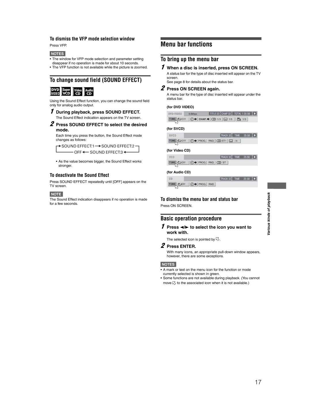 JVC 0204STYBICJSC, GNT0052-001A manual Menu bar functions, To change sound field Sound Effect, To bring up the menu bar 