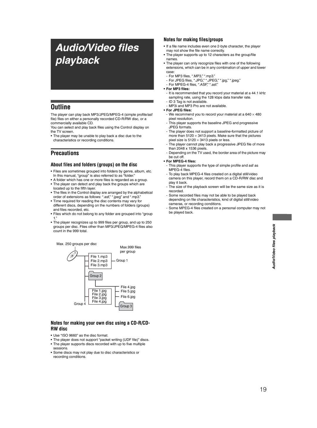 JVC 0204STYBICJSC manual Audio/Video files playback, Outline, Precautions, About files and folders groups on the disc 