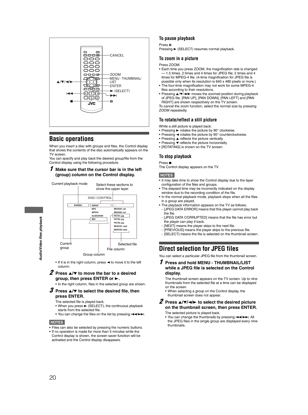 JVC GNT0052-001A, 0204STYBICJSC manual Basic operations, Direct selection for Jpeg files 