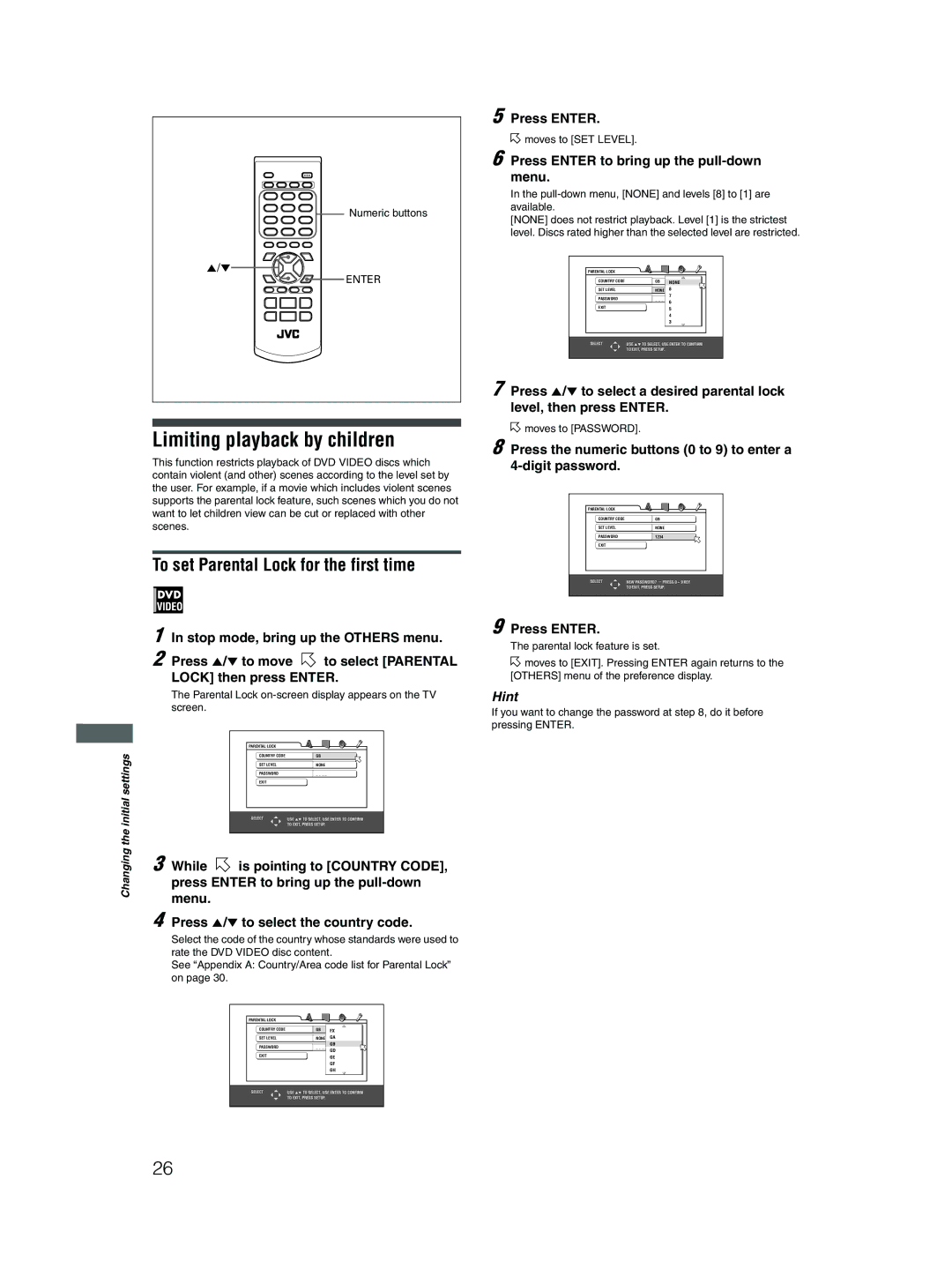 JVC GNT0052-001A, 0204STYBICJSC manual Limiting playback by children, To set Parental Lock for the first time 