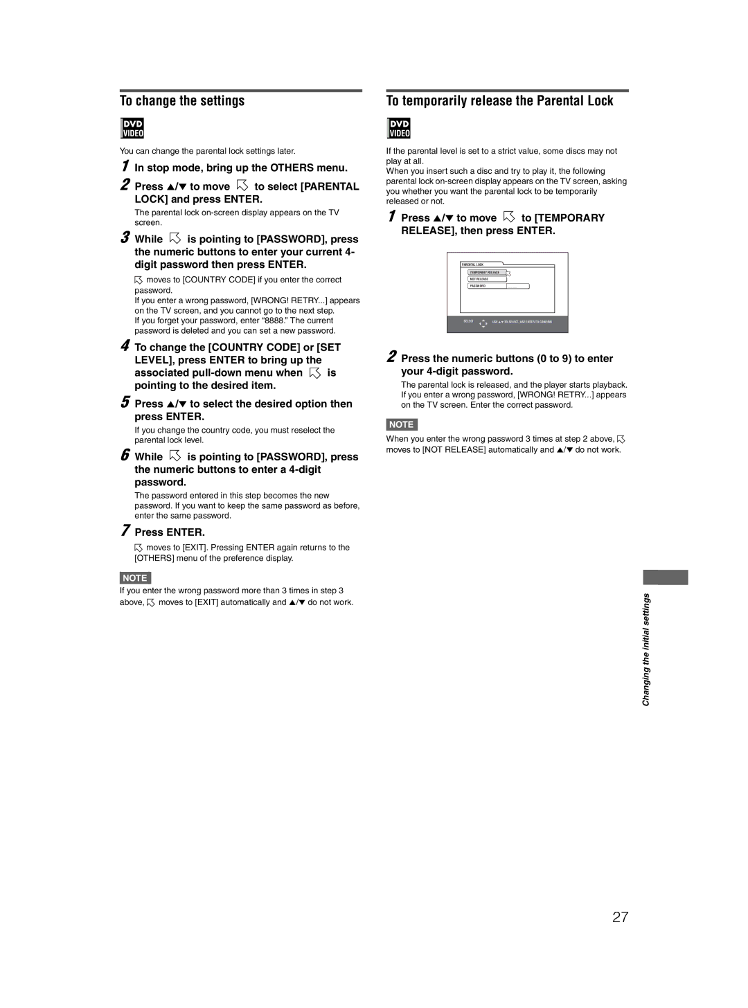 JVC 0204STYBICJSC To change the settings, To temporarily release the Parental Lock, To change the Country Code or SET 