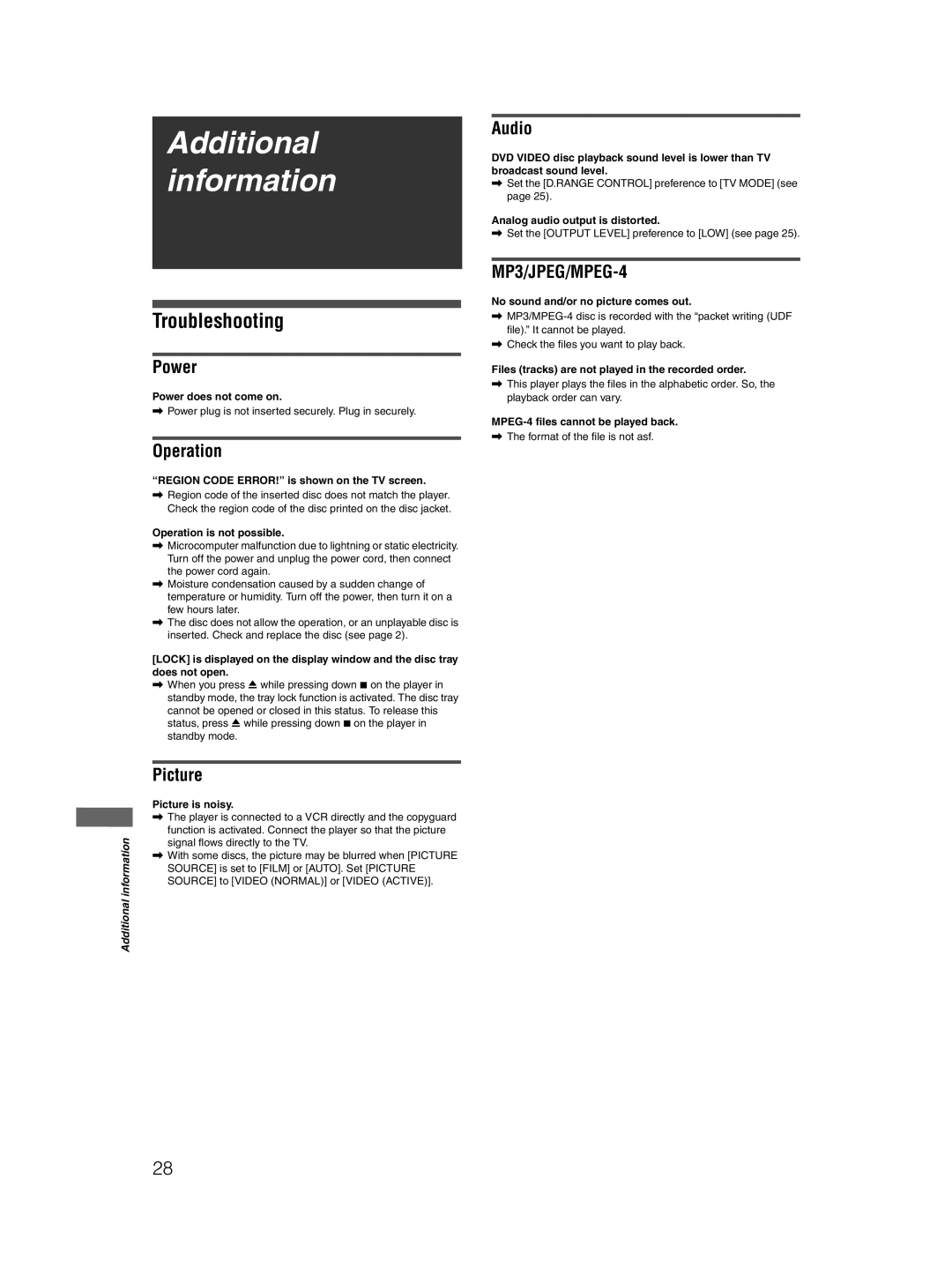 JVC GNT0052-001A, 0204STYBICJSC manual Additional information, Troubleshooting 