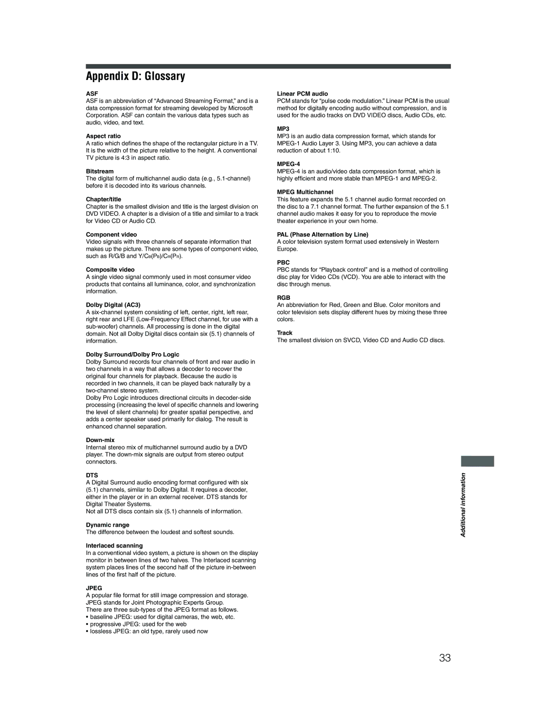 JVC 0204STYBICJSC, GNT0052-001A manual Appendix D Glossary 