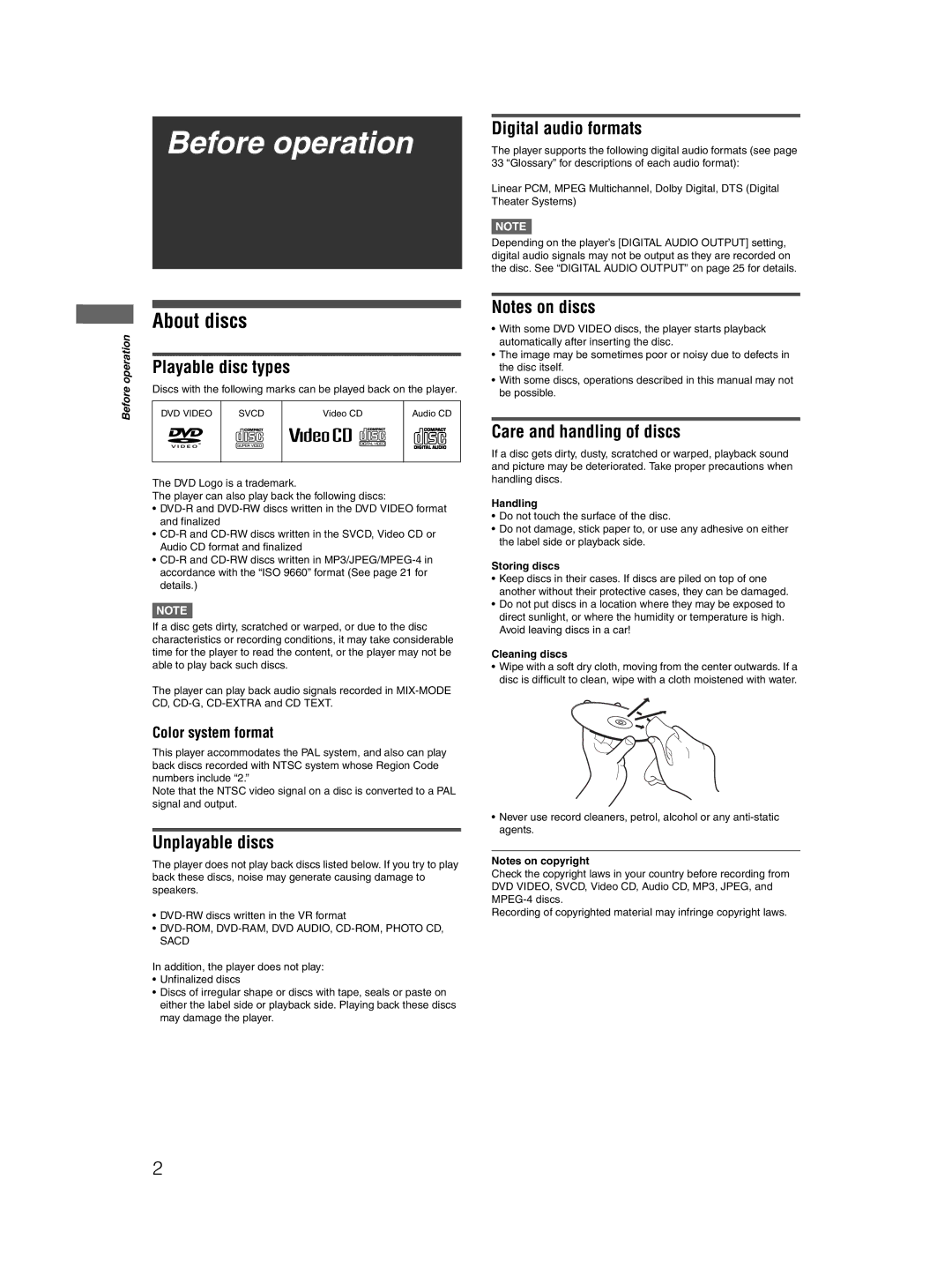 JVC GNT0052-001A, 0204STYBICJSC manual Before operation, About discs 