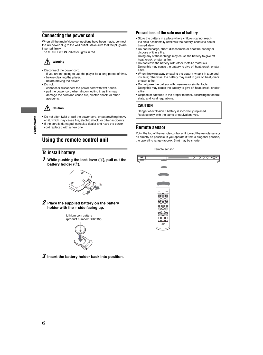 JVC GNT0052-001A manual Using the remote control unit, Connecting the power cord, To install battery, Remote sensor 