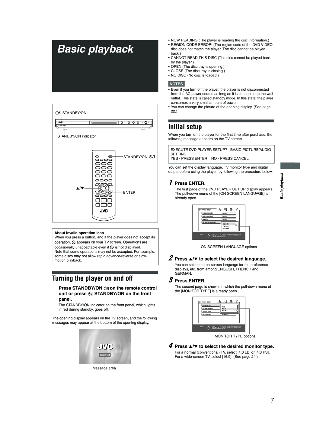 JVC 0204STYBICJSC, GNT0052-001A manual Basic playback, Turning the player on and off, Initial setup 