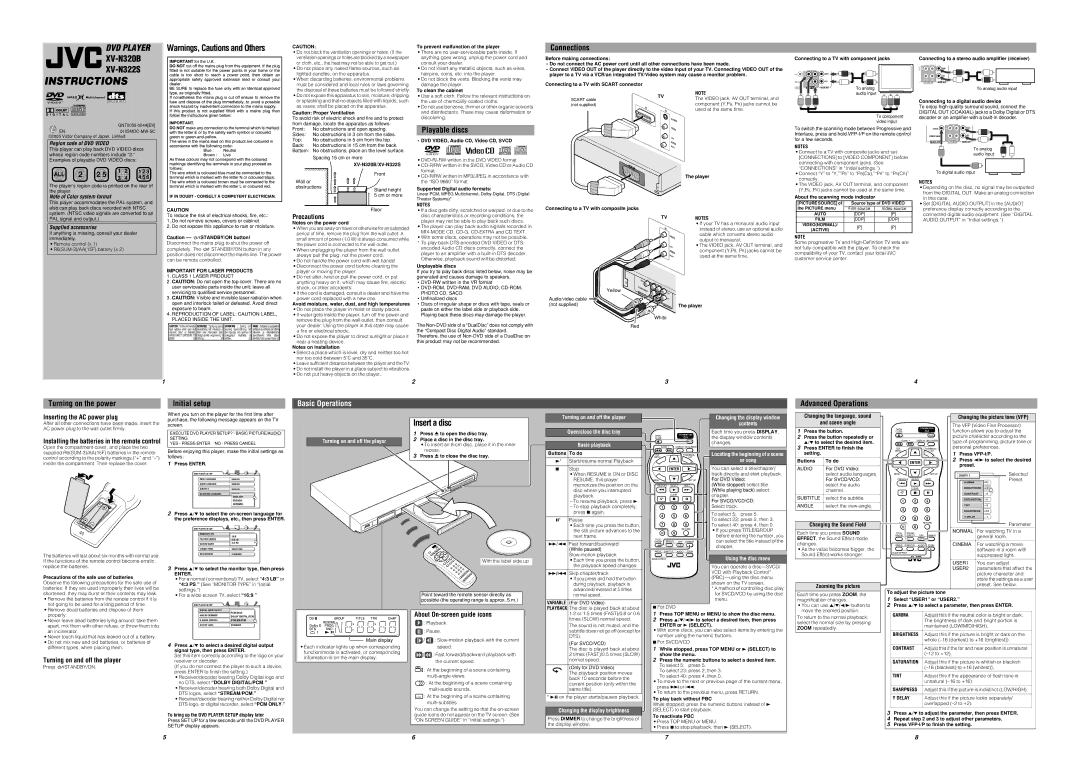 JVC 0105MOC-MW-SC, GNT0059-004A user service Precautions, Inserting the AC power plug, Turning on and off the player 